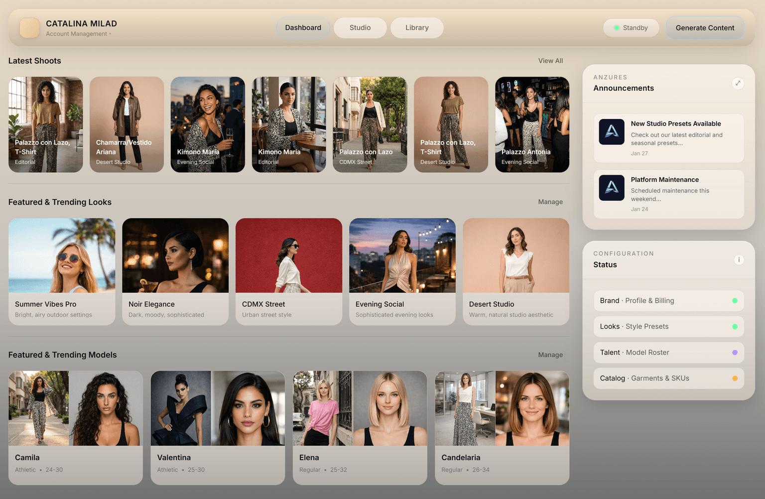 Panel de ANZURES — sesiones recientes, Looks y Modelos en tendencia, y anuncios de la plataforma