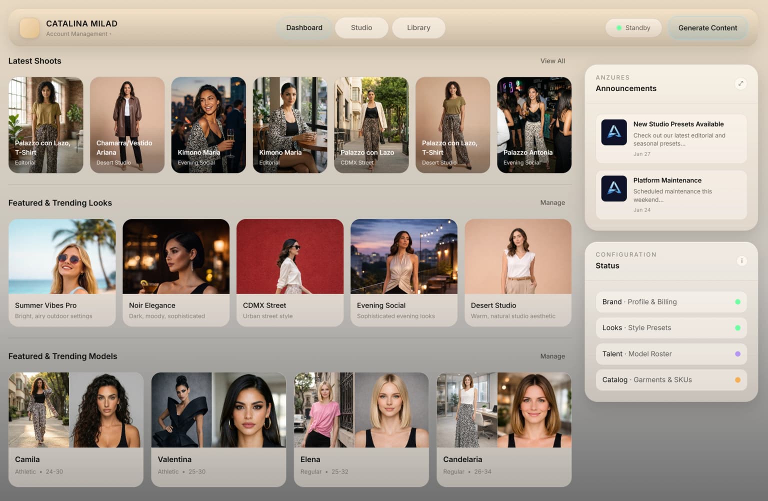 ANZURES dashboard — recent shoots, trending Looks and Models, and platform announcements