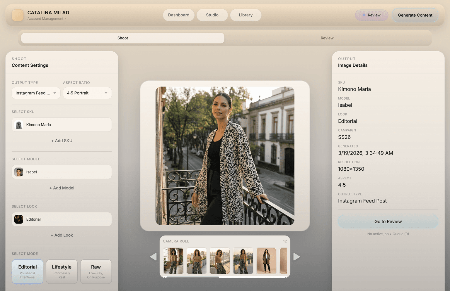 Estudio de generación ANZURES — flujo sin prompts para seleccionar Look, Talento, SKU, modo de toma y configuración de salida