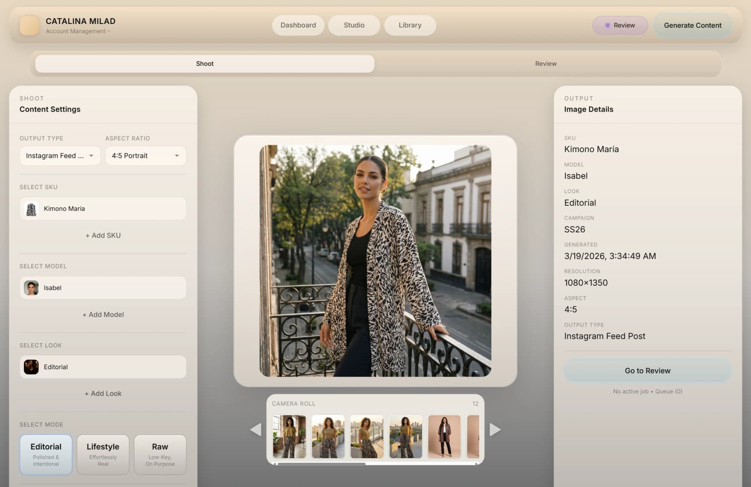 ANZURES generation studio — promptless workflow to select Look, Talent, SKU, shot mode, and output settings