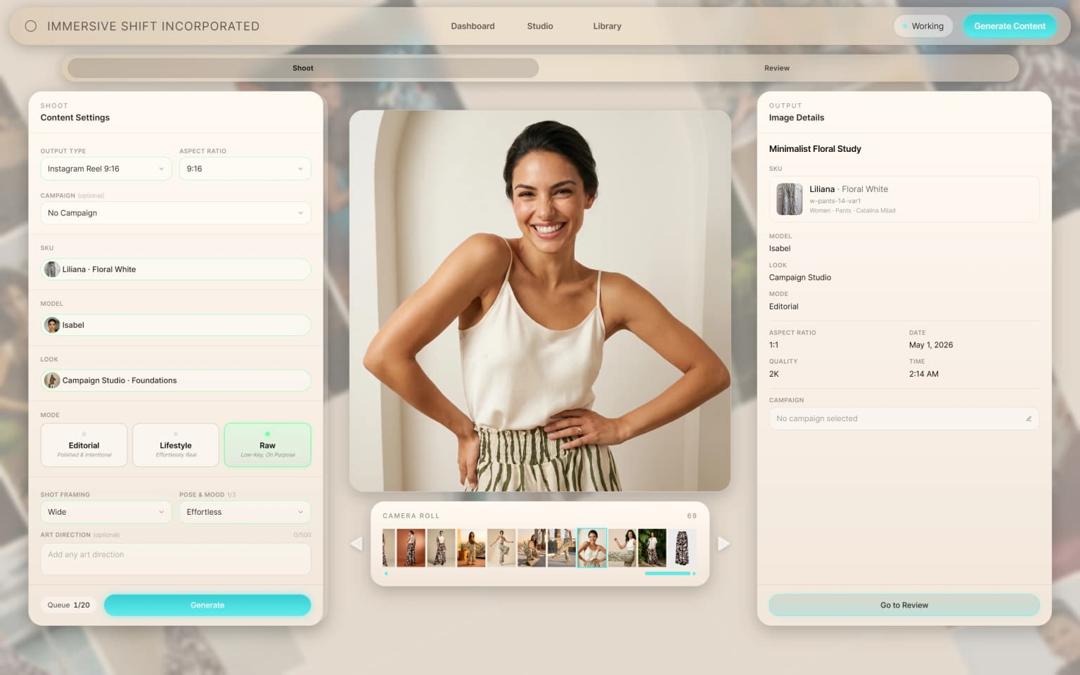 Estudio de generación ANZURES — flujo sin prompts para seleccionar Look, Talento, SKU, modo de toma y configuración de salida