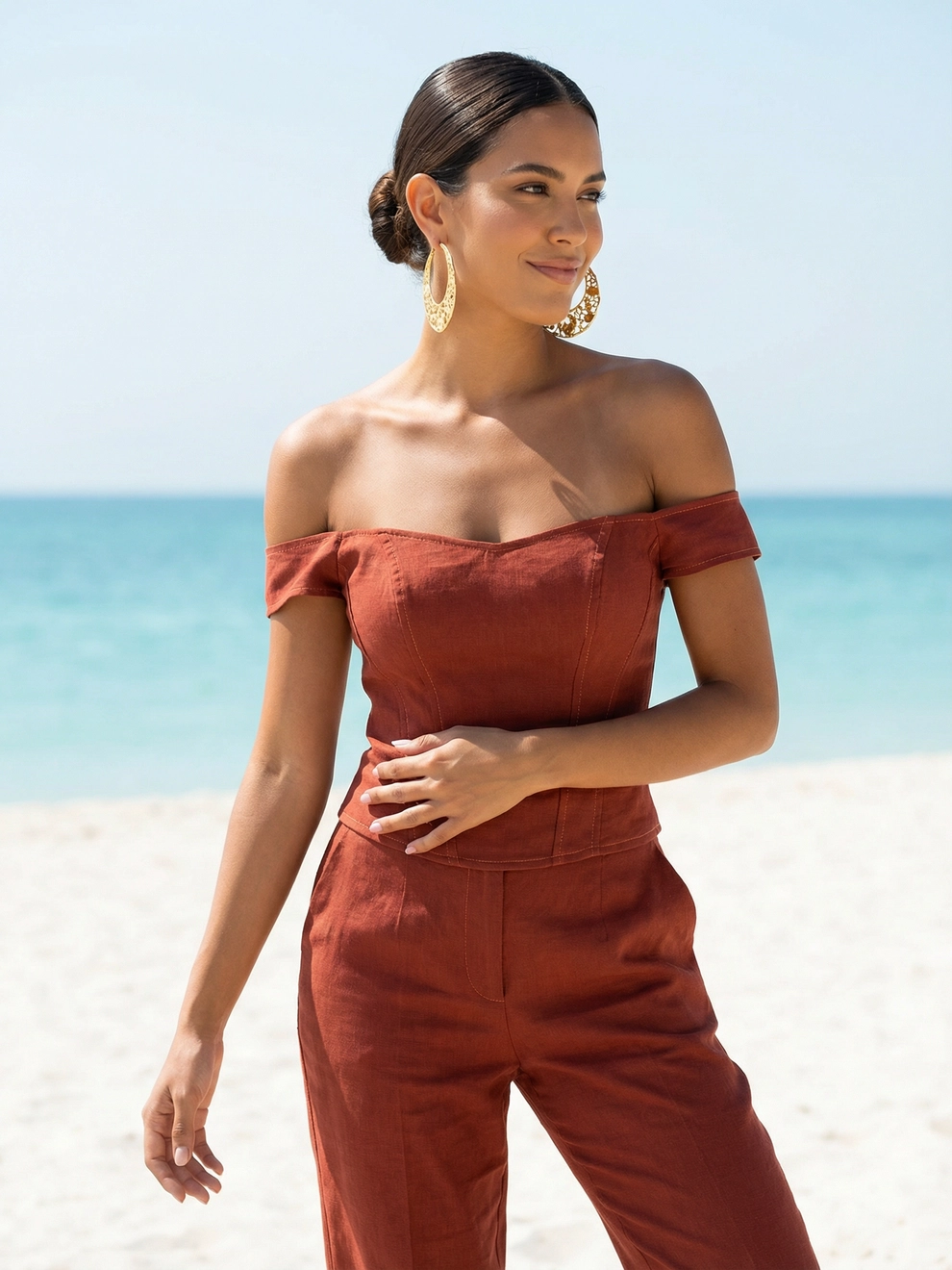 Photorealistic on-model half body photo — beach lifestyle — created with ANZURES