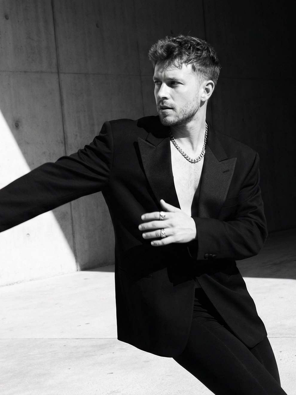 Photorealistic on-model half body photo — brutal editorial — created with ANZURES