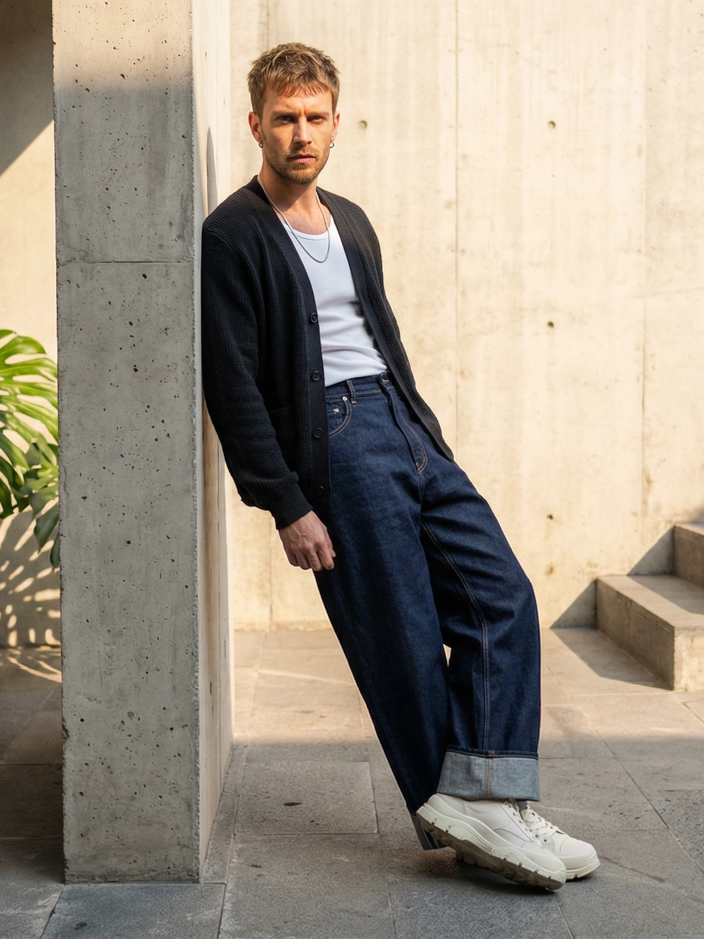 Photorealistic on-model full body photo — brutal lifestyle — created with ANZURES