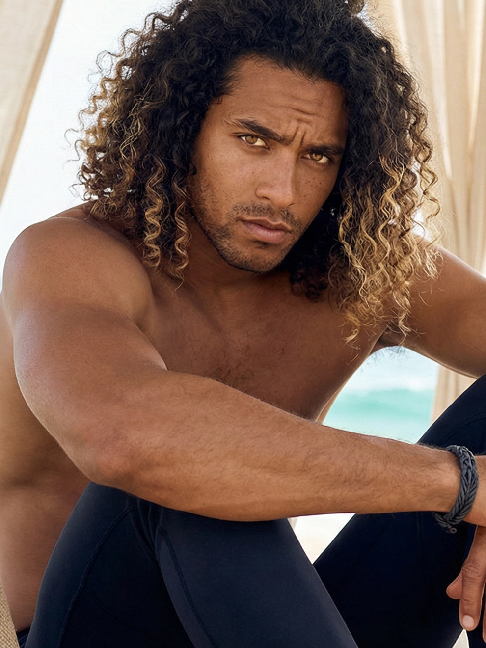 Photorealistic on-model close-up photo — cabana editorial — created with ANZURES