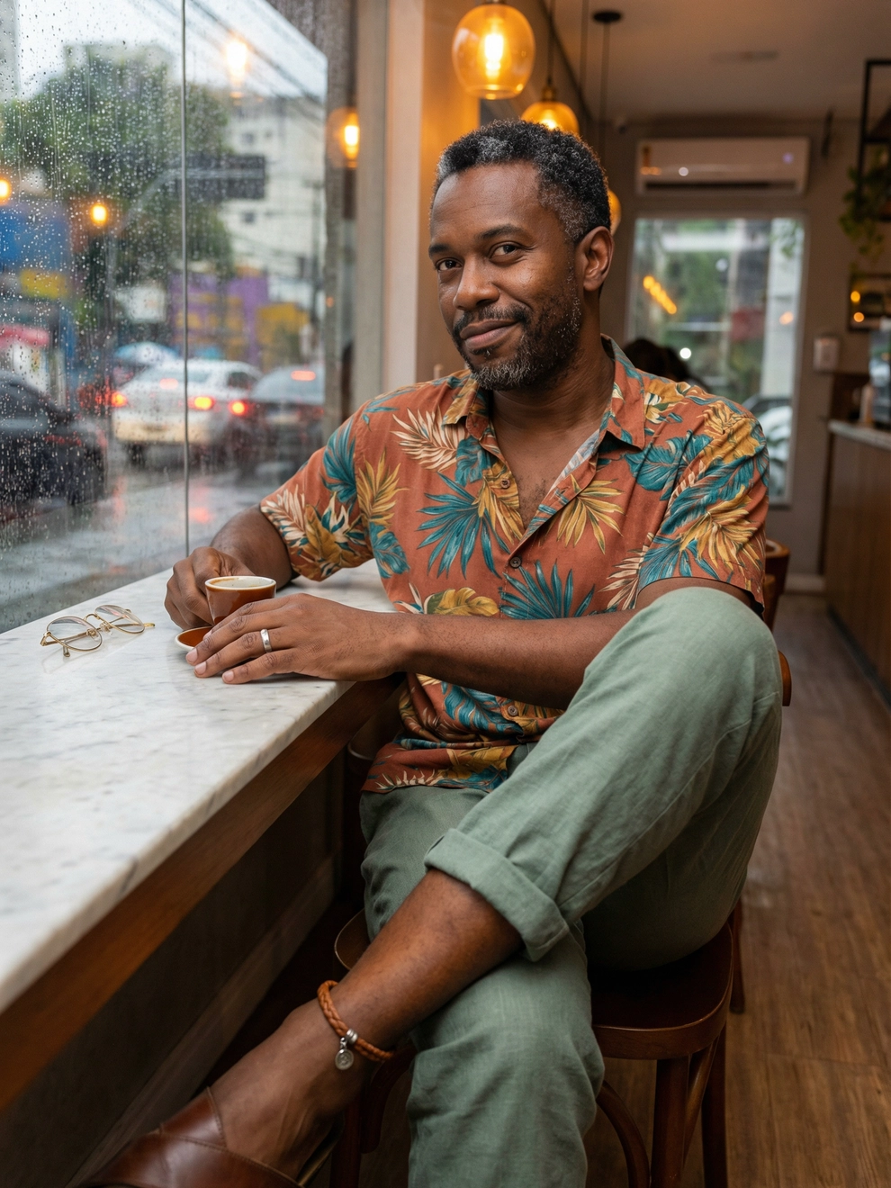 Photorealistic on-model half body photo — cafe lifestyle — created with ANZURES