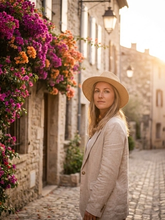 Photorealistic on-model full body photo — cobblestone editorial — created with ANZURES