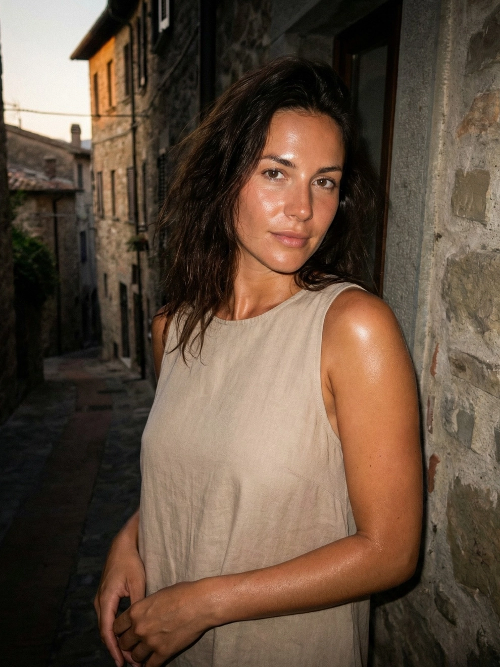 Photorealistic on-model half body photo — cobblestone influencer — created with ANZURES