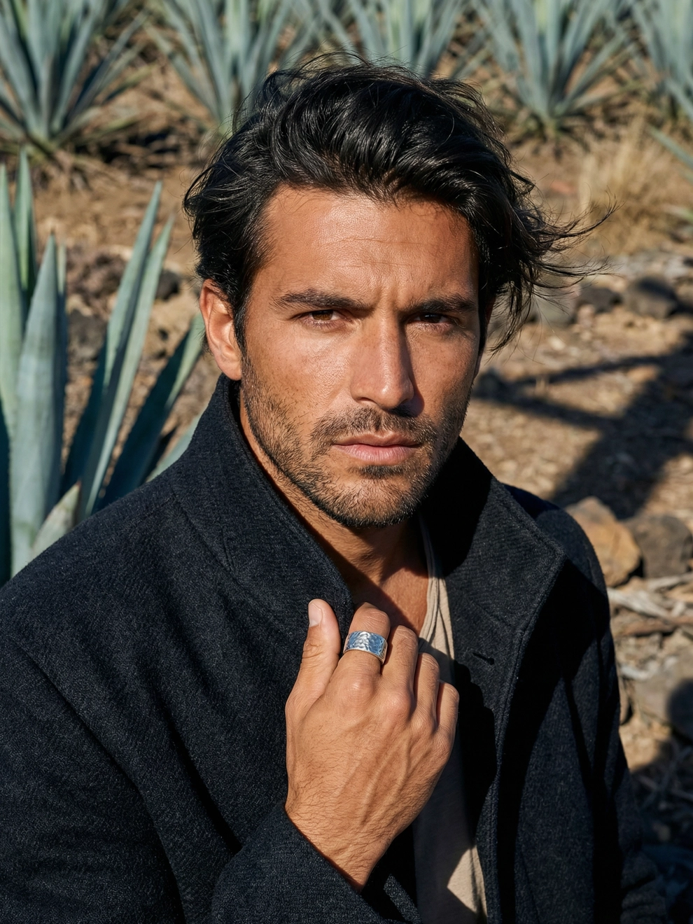 Photorealistic on-model close-up photo — desert editorial — created with ANZURES