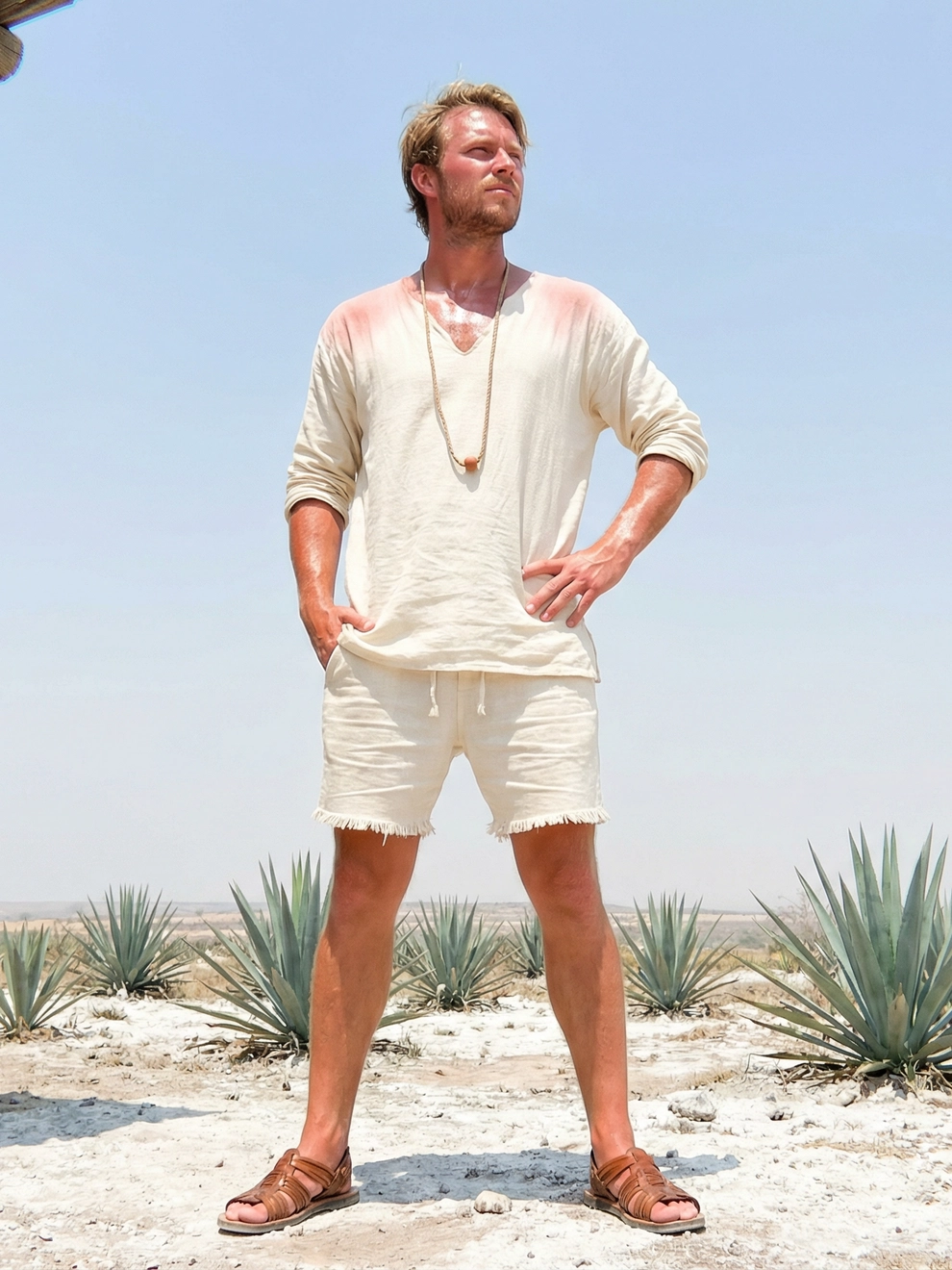 Photorealistic on-model full body photo — desert lifestyle — created with ANZURES