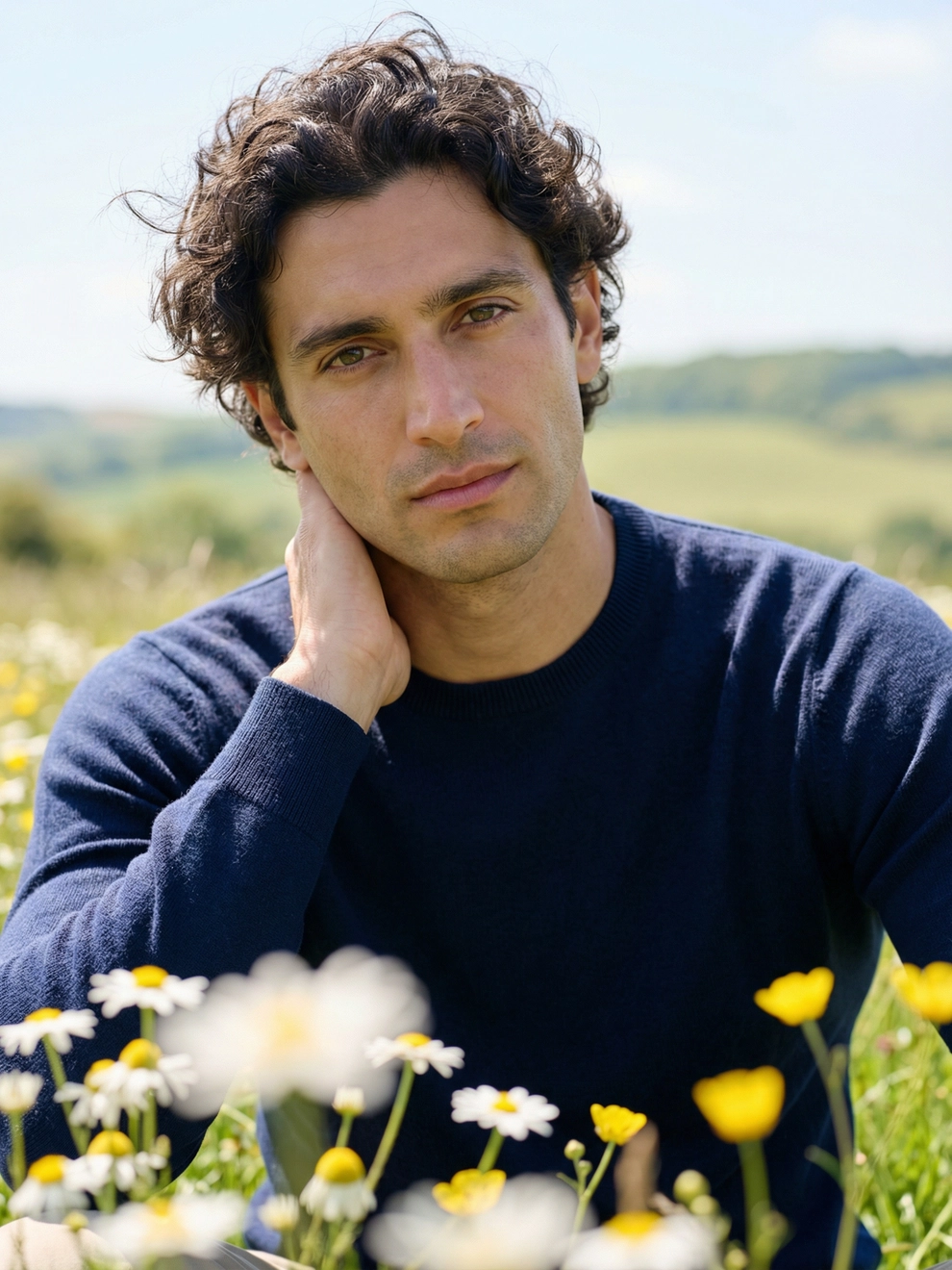 Photorealistic on-model close-up photo — flower editorial — created with ANZURES