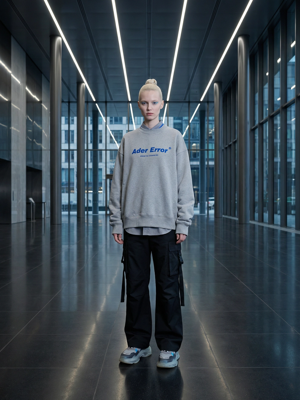 Photorealistic on-model full body photo — glass editorial — created with ANZURES