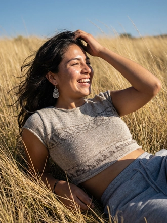 Photorealistic on-model half body photo — grass lifestyle — created with ANZURES