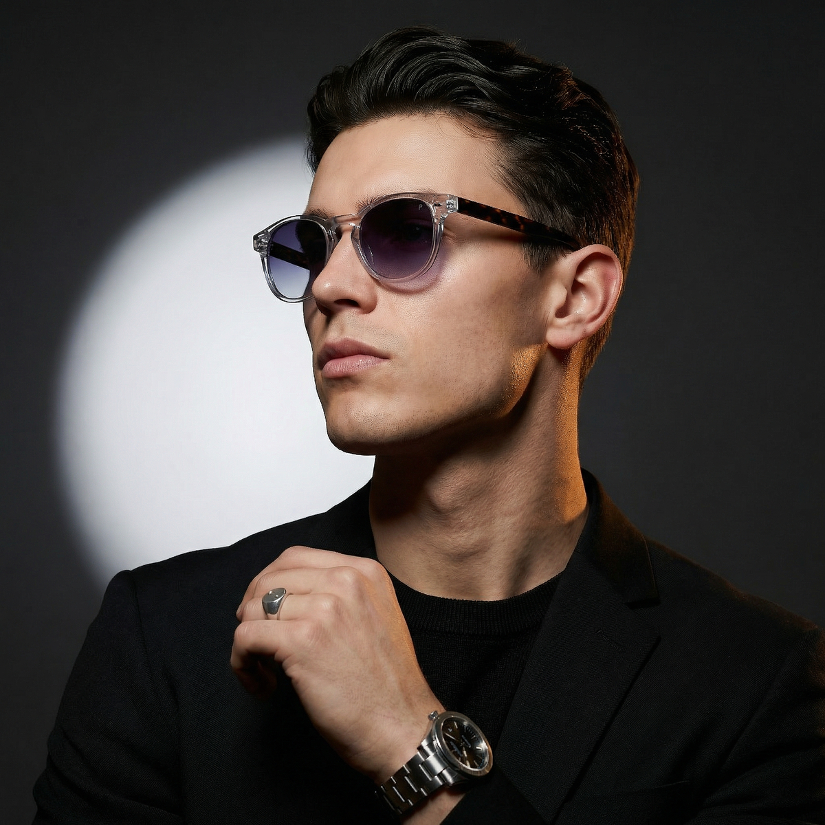 Photorealistic on-model photo created with ANZURES — golden hour rooftop