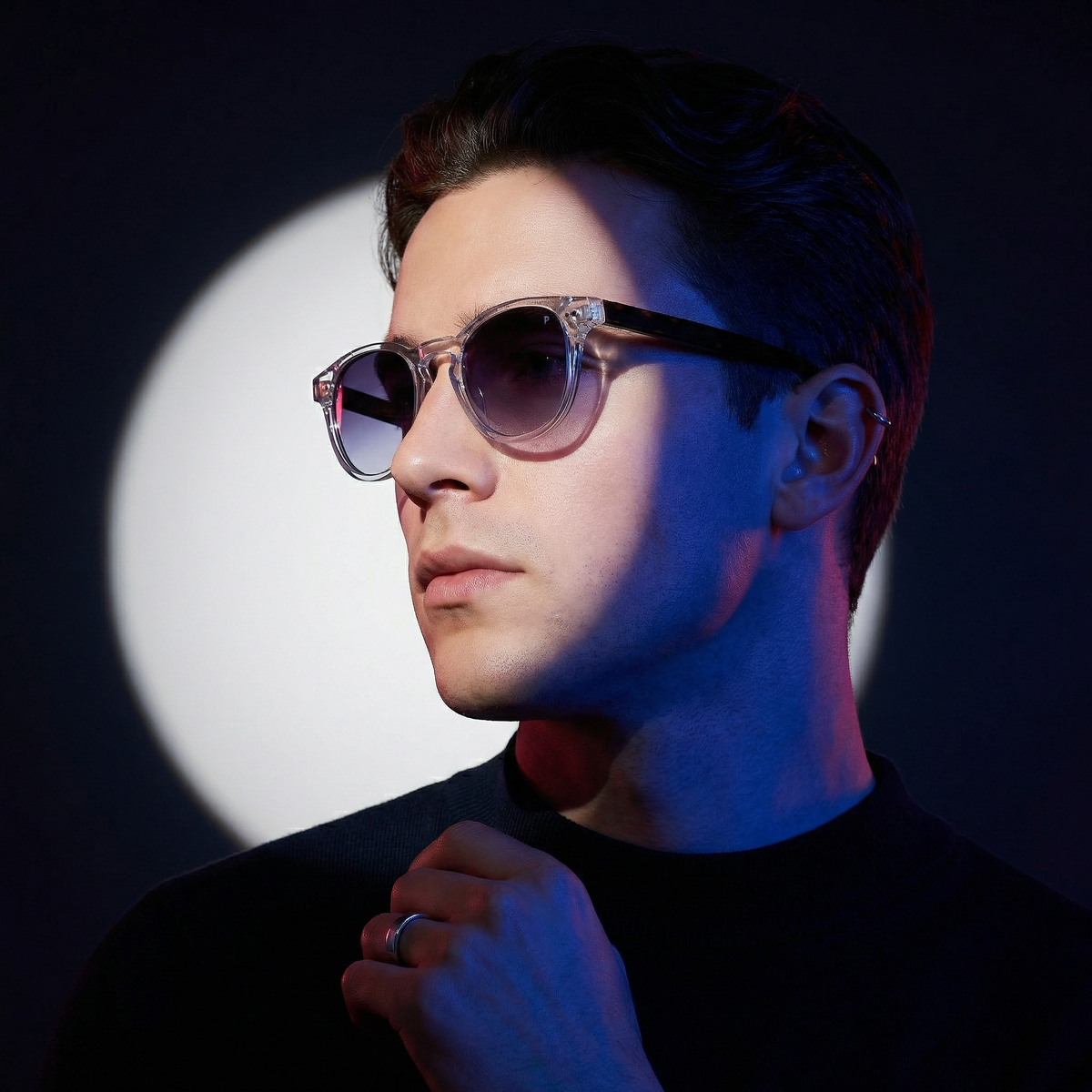 Photorealistic on-model photo created with ANZURES — editorial portrait lighting