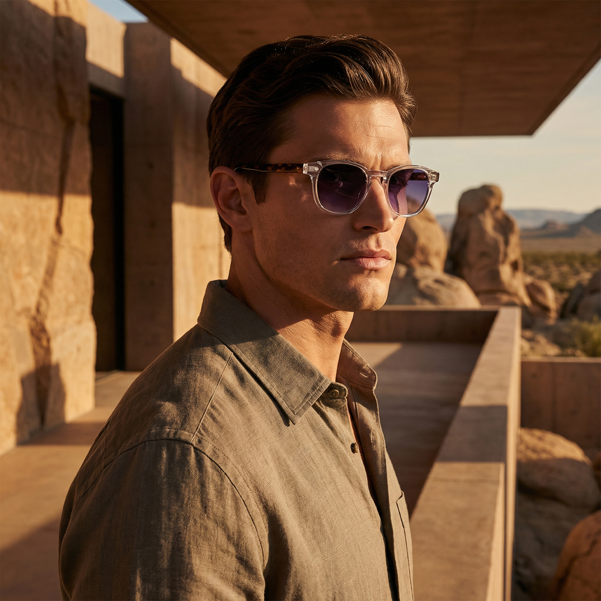 Photorealistic on-model photo created with ANZURES — urban evening backdrop