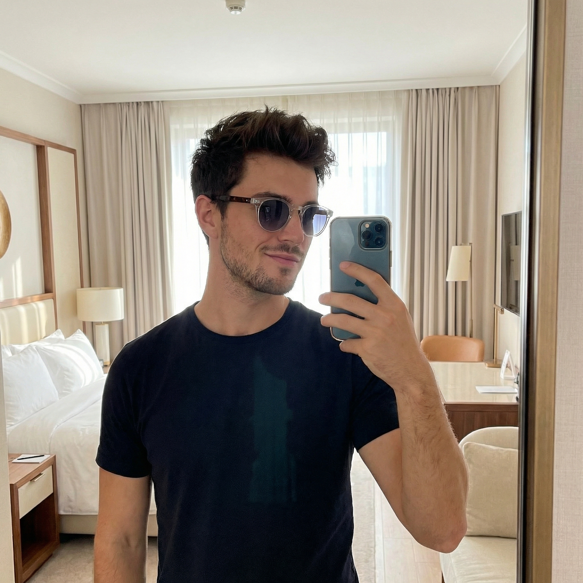 Photorealistic on-model photo created with ANZURES — evening cocktail setting