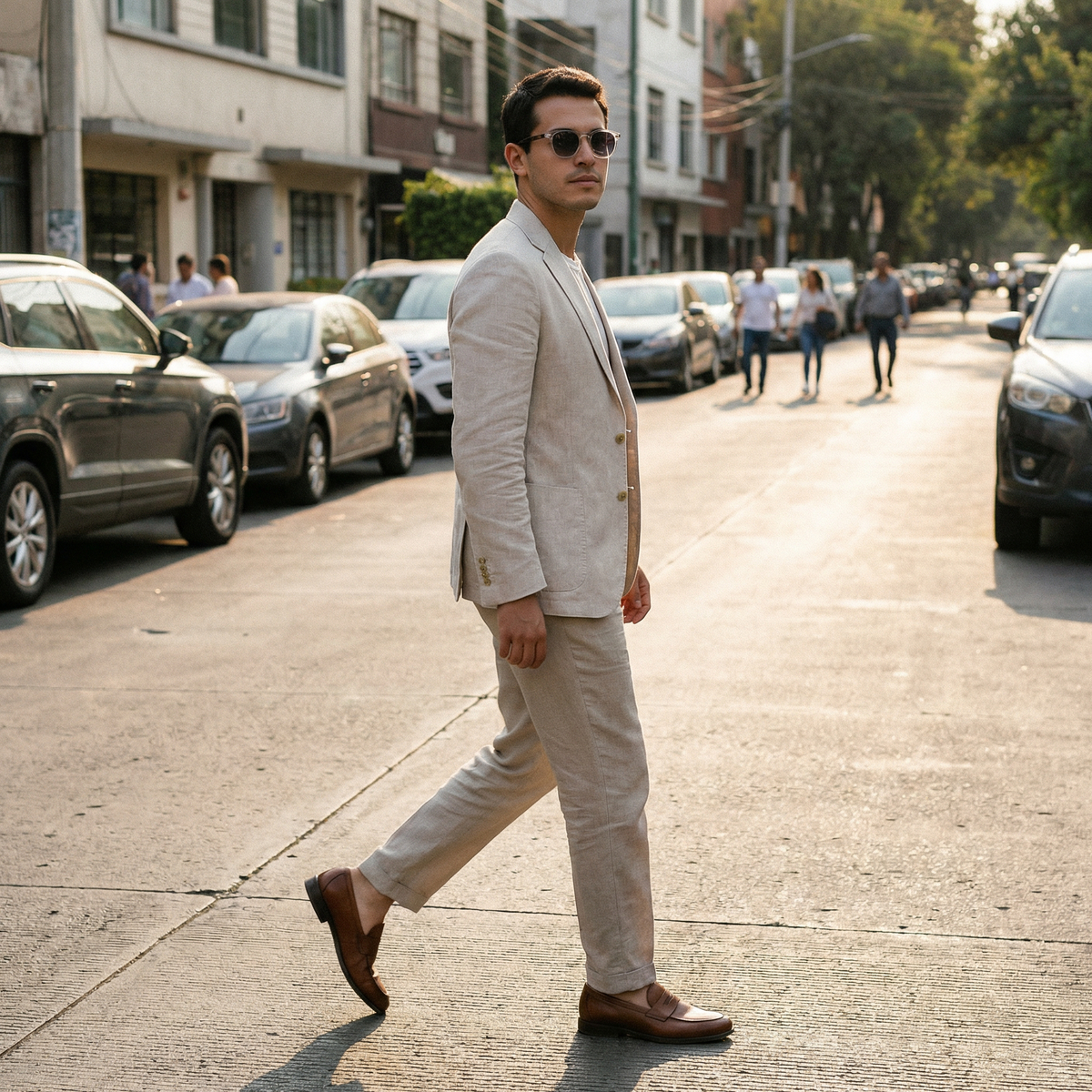 Photorealistic on-model photo created with ANZURES — golden hour rooftop