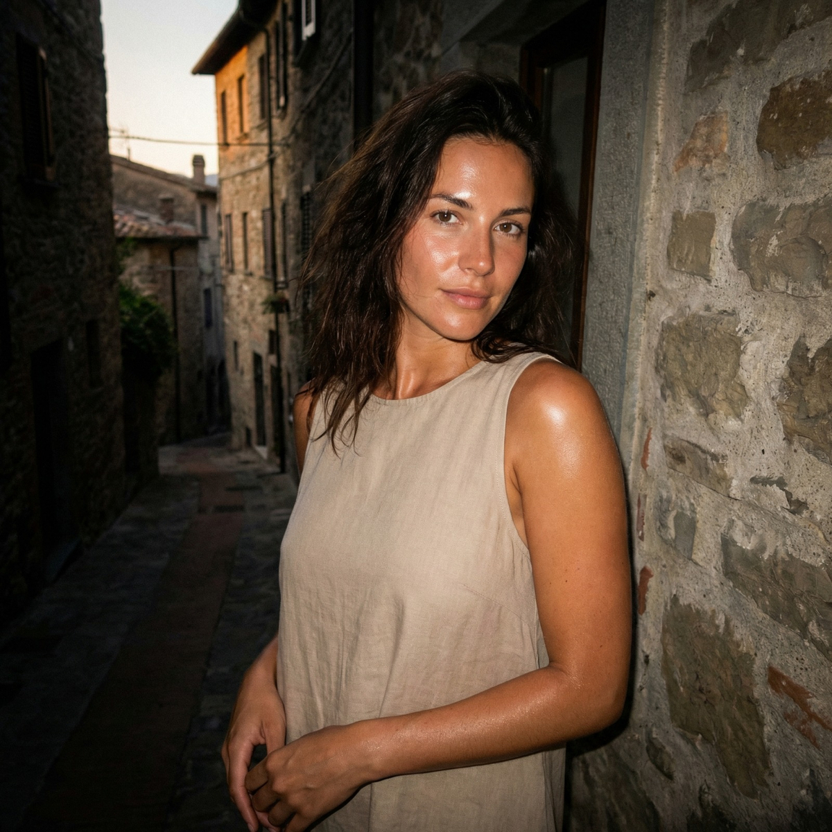 Photorealistic on-model photo created with ANZURES — evening cocktail setting