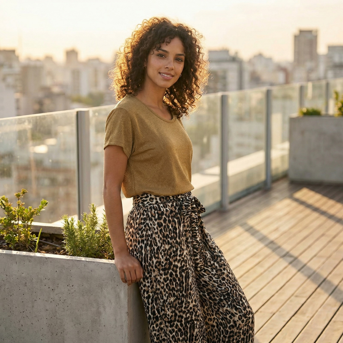 Photorealistic on-model photo created with ANZURES — casual daytime setting