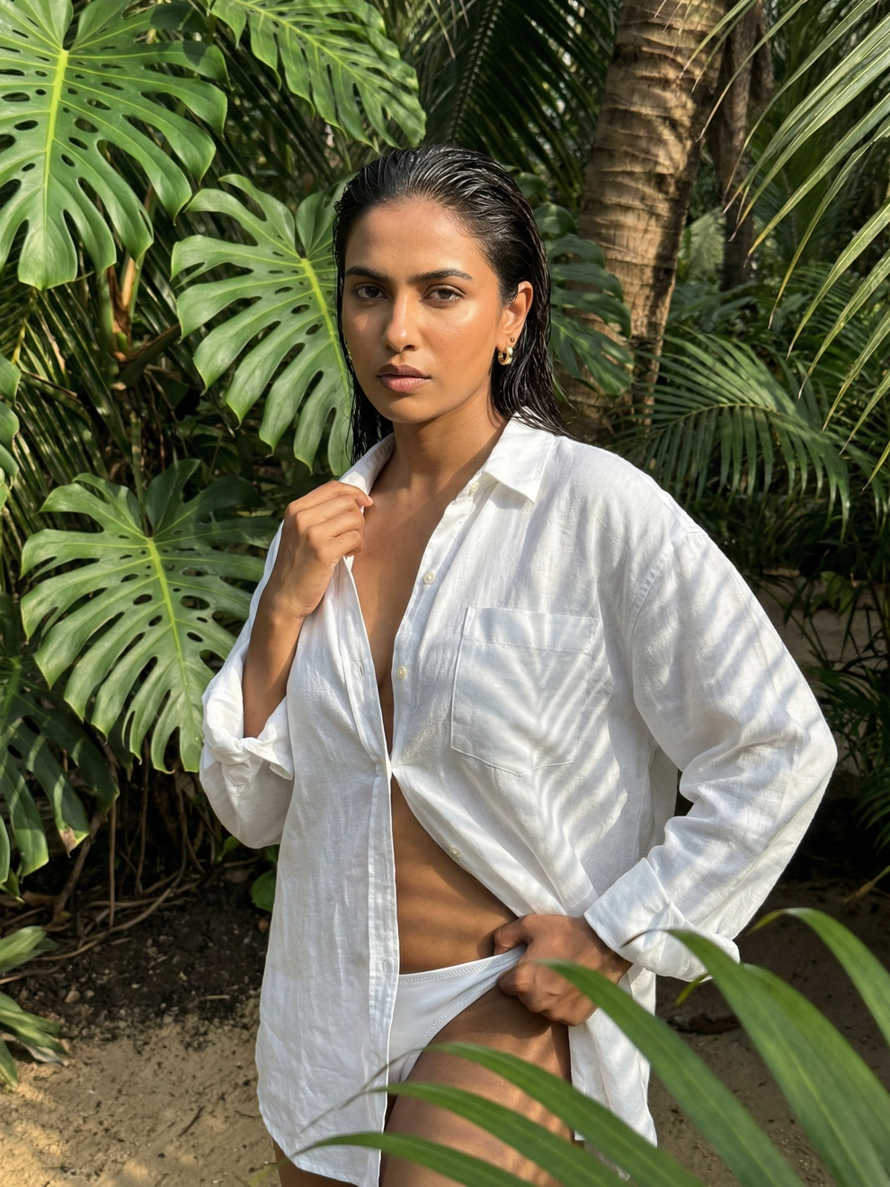 Photorealistic on-model half body photo — hide lifestyle — created with ANZURES