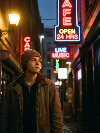 Photorealistic on-model half body photo — neon lifestyle — created with ANZURES