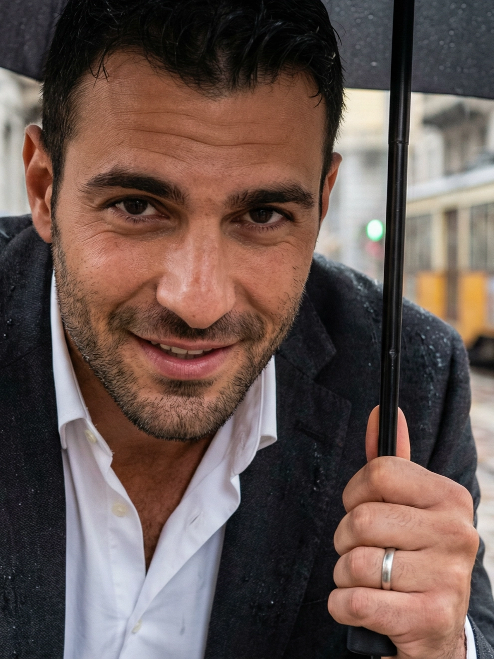 Photorealistic on-model close-up photo — rain editorial — created with ANZURES