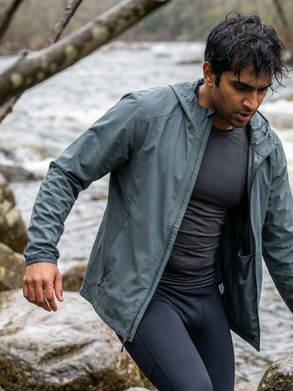 Photorealistic on-model half body photo — river lifestyle — created with ANZURES