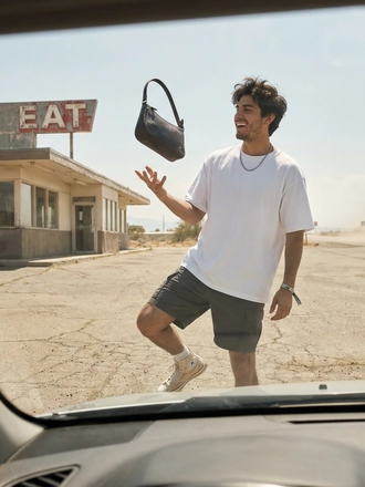 Photorealistic on-model full body photo — road influencer — created with ANZURES