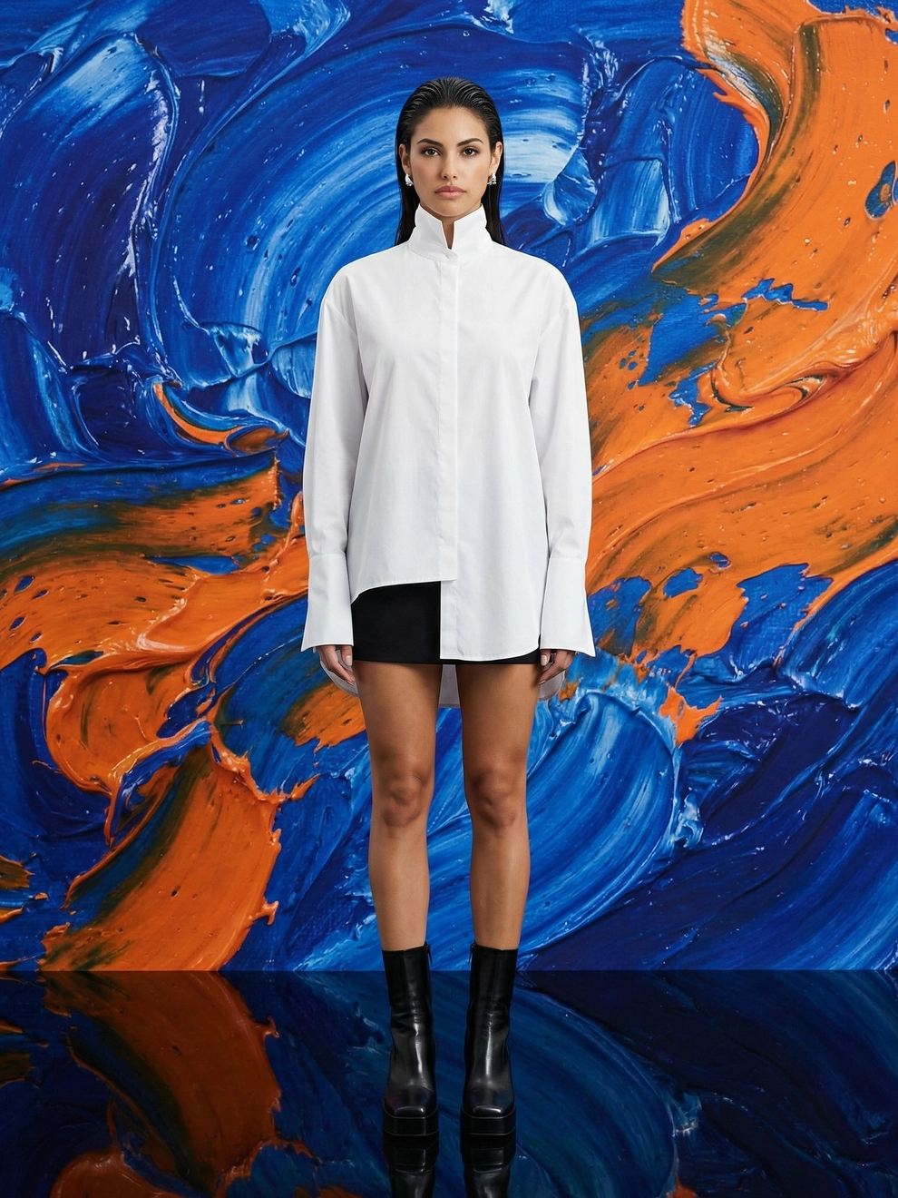 Photorealistic on-model full body photo — studio abstract — created with ANZURES