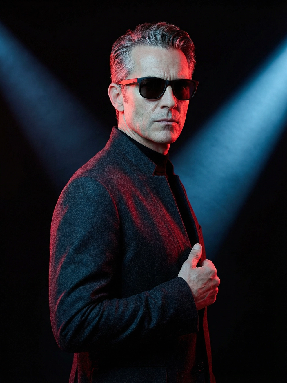 Photorealistic on-model half body photo — studio editorial — created with ANZURES