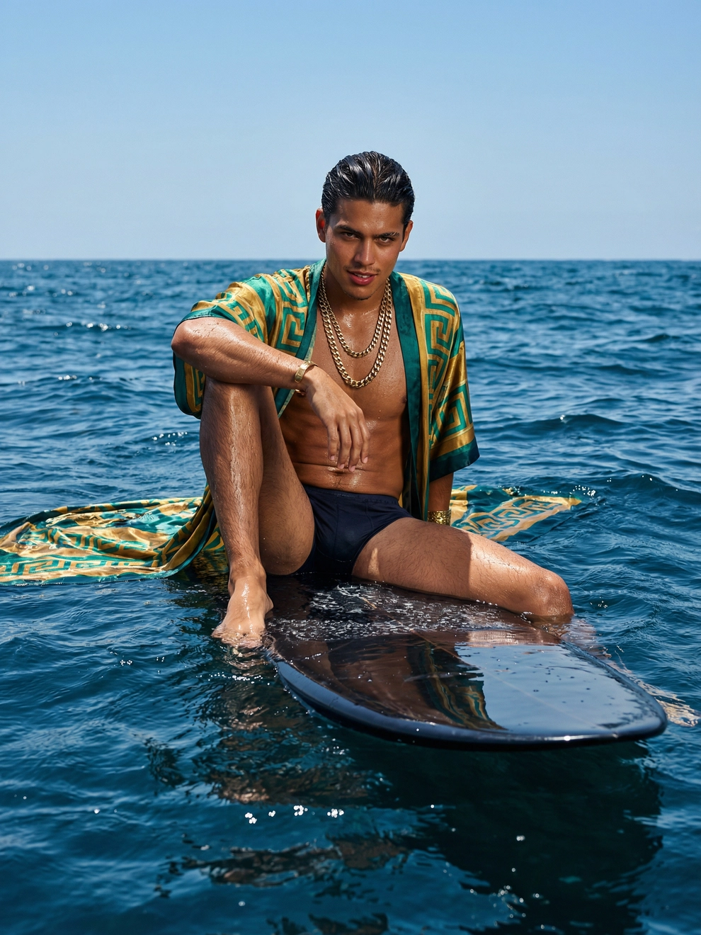 Photorealistic on-model full body photo — surf editorial — created with ANZURES