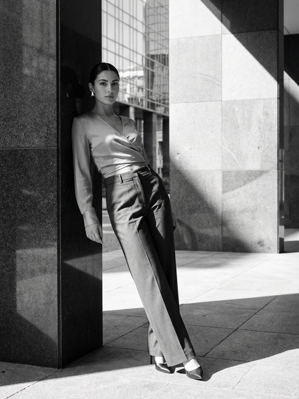 Photorealistic on-model full body photo — urban editorial — created with ANZURES