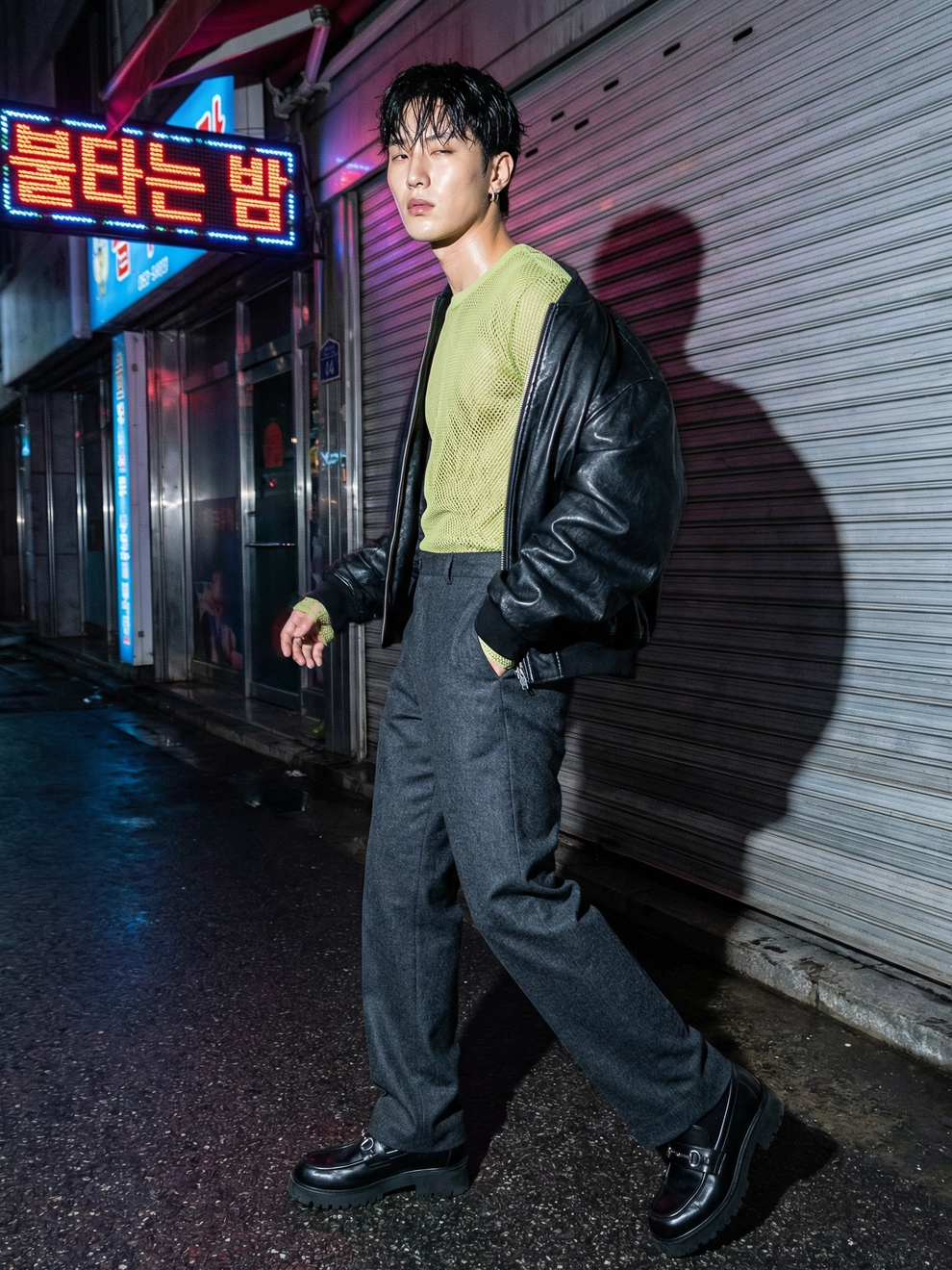 Photorealistic on-model full body photo — urban lifestyle — created with ANZURES