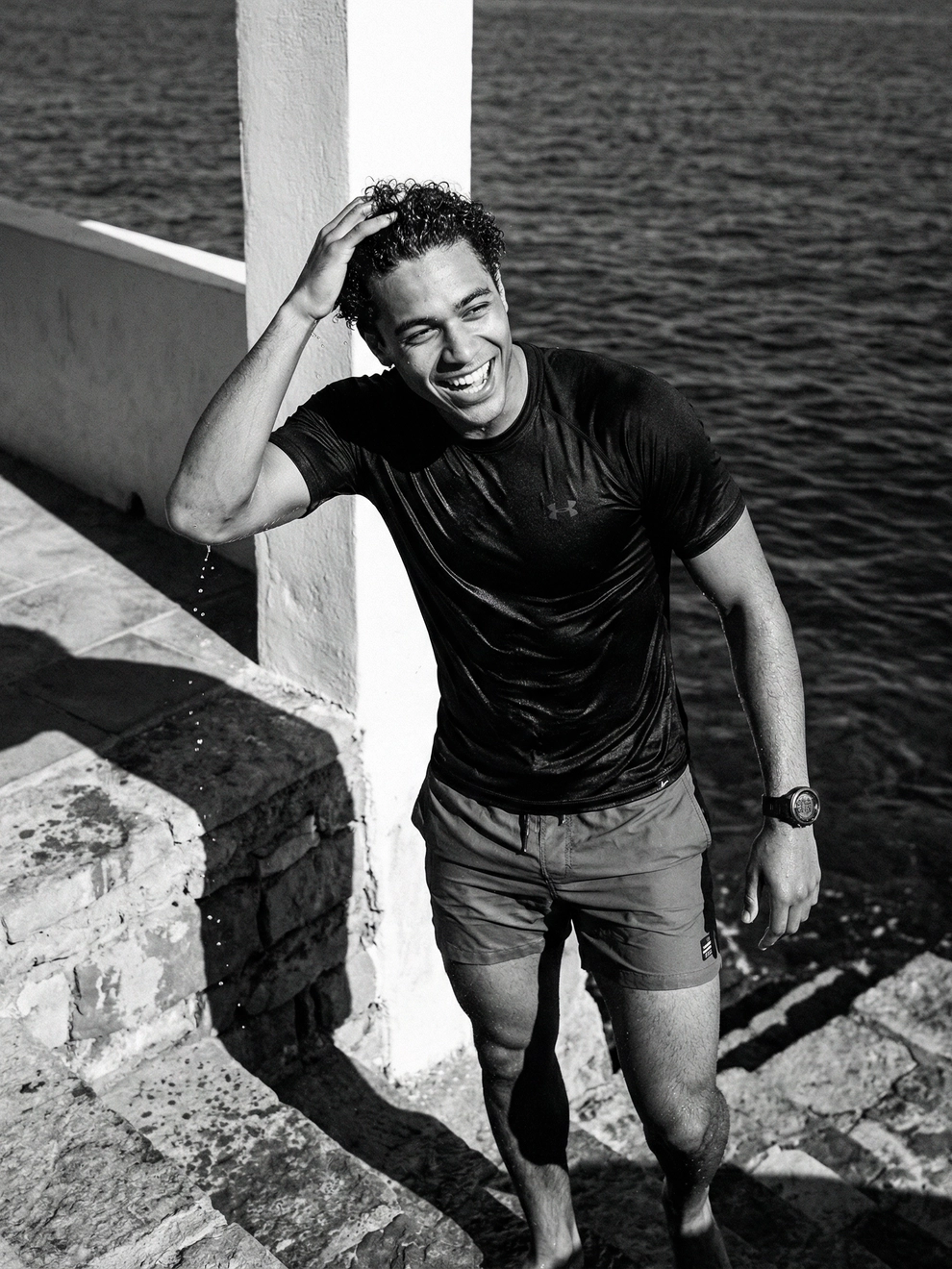 Photorealistic on-model full body photo — water lifestyle — created with ANZURES