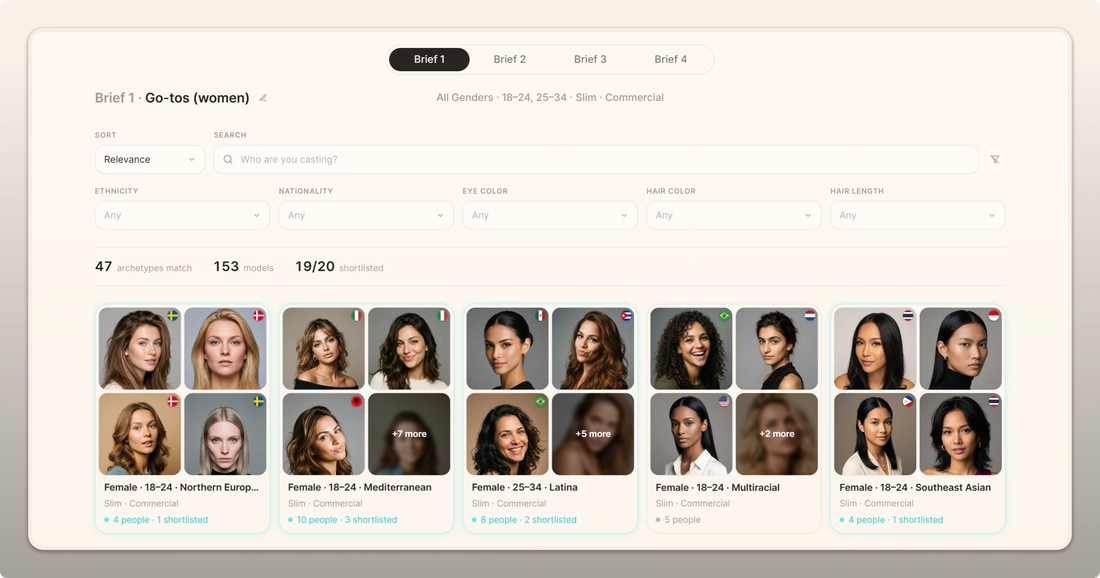 Nueva interfaz de Casting Call con Briefs, filtros y grupos de Talento